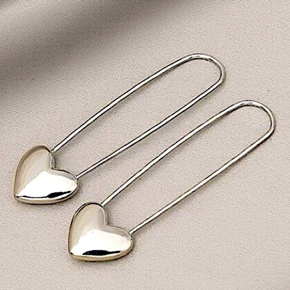 Sterling Silver Heart Safety Pin Earrings - Picture 1 of 4